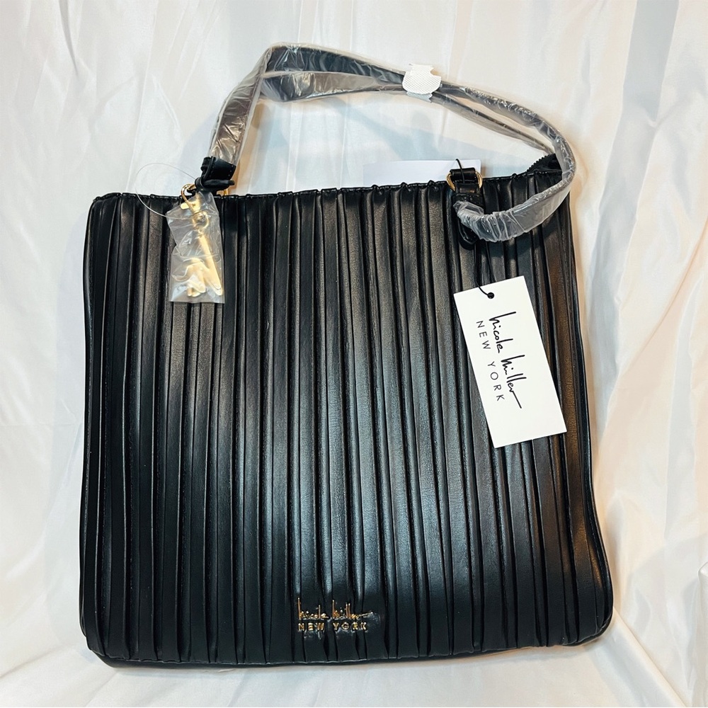 Nicole Miller Black Pleated Elegant Tote NEW - Picture 2 of 10